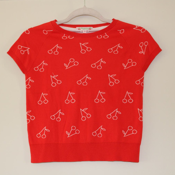 NWT Bonpoint Girl Short Sleeve Pullover Sweater Light Weight Red Cherry Print 12 - Picture 1 of 7